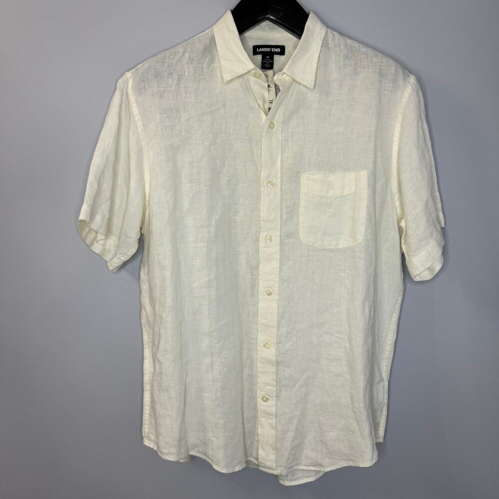Lands' End Cream Linen Short Sleeve Shirt Beach Vacation Coastal Men's M New - Picture 5 of 11
